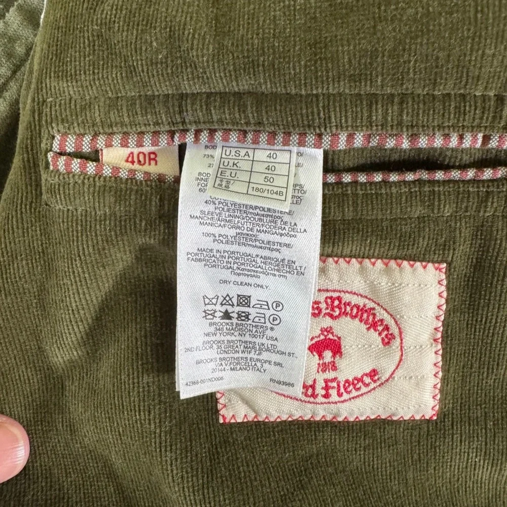 Brooks Brothers Red Fleece Sport Coat Mens 40R Corduroy Slim Olive Green Blazer